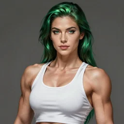 a beautiful female bodybuilder wearing a white tank top. highly detailed portrait, digital painting, sharp focus illustration, artstation hq. intricate, elegant. art by artgerm and marvel comics, green iridescent