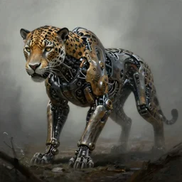 beautiful painting by jeremy mann, a mechanical jaguar creature of horizon forbidden west horizon zero dawn, concept art by artgerm and greg rutkowski, fantasy, desaturated, ominous, unsettling, sharp focus, octopath traveler, unreal engine highly rendered, global illumination, dramatic lighting, misty, 8 k
