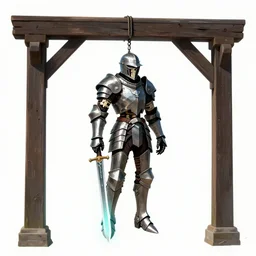 skeleton in body armor holding a glowing cutlass, hanging from gallows, video game concept art