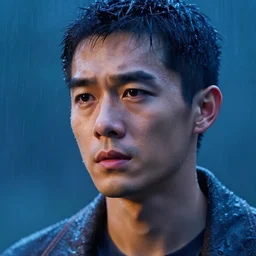 a close up photographic portrait of a handsome asian actor looking worried taken by annie leibowitz in the rain. cinematic lighting, blue background colour, 5 0 mm, subsurface scatter.