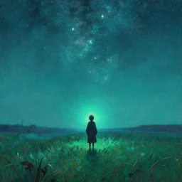 a small figure standing on grassy field staring at the stars, warn lighting, glowing, arkhip kuindzhi painting, teal palette, eschaton