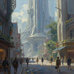 a busy street in the futuristic fantasy city of Asgard in the style of Sylvain Sarrailh,  beautiful digital art, cinematic composition, detailed, concept art, Matt painting, oil painting, high res