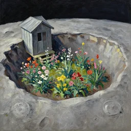 a flowering garden in a crater on the moon, a small garden shed is standing beside the crater, impasto paint in the style of martin johnson heade and h. r. giger,