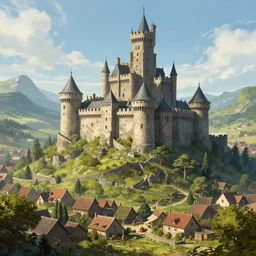 medieval castle overlooking village, artstation, fantasy