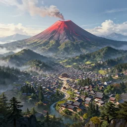 a powerful japanese village high in mountains, fanart artstation global illumination rtx hdr fanart arstation 3 d, volcano, highly detailed, concept art by greg rutkowski, fantastic landscape, 8 k, cinematic color grading