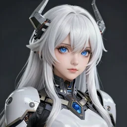 a anime woman wearing futuristic armor, detailed face, white hair, horns, by greg rutkowski, mandy jurgens