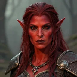 masterpiece closeup portrait of a female tiefling with red skin, wearing adventuring gear, by Greg Rutkowski, 4k, masterpiece, cinematic, dungeons and dragons, detailed