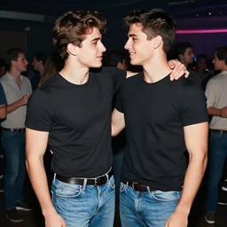 an extremely handsome young stud is flirting with another extremely handsome young man at a party. jeans and tshirt, 1 9 7 5