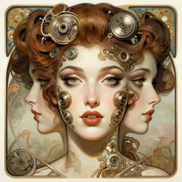 symmetry!! pinup, machine parts embedded into face, intricate, elegant, highly detailed, digital painting, artstation, concept art, smooth, sharp focus, illustration, art by artgerm and greg rutkowski and alphonse mucha, 8 k