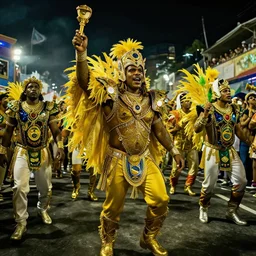Brazil Carnival, cinematic lighting, dramatic atmosphere, by Dustin Nguyen, Akihiko Yoshida, Greg Tocchini, Greg Rutkowski, Cliff Chiang, 4k resolution, trending on artstation
