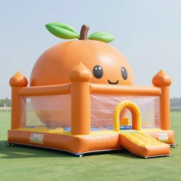 huge ocher adult bouncy castle playground in big fruits form, on the olg tropical forest, style by anish kapoor, parts by shih chieh huang, warm soft light, bird view, shallow depth of field realistic, 8 k, hyperrealism, subsurface scattering, raytracing