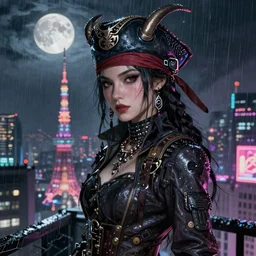 portrait futuristic demonic cyberpunk female pirate, in futuristic stormy thunder rainning moonlight tokyo rooftop cyberpunk night, ssci-fi, fantasy, intricate, very very beautiful, elegant, neon light, highly detailed, digital painting, artstation, concept art, soft light, hdri, smooth, sharp focus, illustration, art by tian zi and craig mullins and WLOP and alphonse mucha