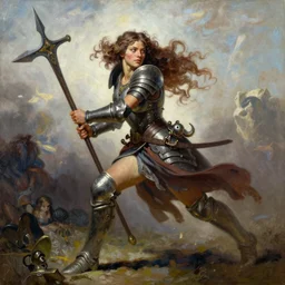 A full portrait oil painting of a berserker woman holding a claymore and running, by Frank Frazetta, Greg Rutkowski, Boris Vallejo, epic fantasy character art, elven armor, Exquisite detail, post-processing, low angle, masterpiece, cinematic