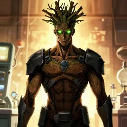 realistic anime ; style of official oshi no ko artwork ; poster ; digital art ; anime key visual ; cinematic ; trending on artstation ; tall adult man 3 0 years old ; dark wooden skin ; tree person ; sticks growing upwards as hair ; glowing neon green eyes ; ash stains around eyes ; vampire ; wearing high tech armour ; laboratory ; warm colours