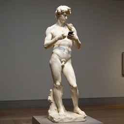 museum photo of a hyper realistic marble sculpture of a man standing, scrolling his phone, by rachel ruysch, detailed octane render, volumetric light, ambient occlusion