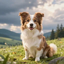 a sweet border collie pokemon in a beautiful landscape. chiho aoshima. very cute. beautiful. digital render.