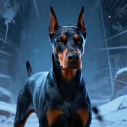portrait of an antropomorphic doberman creature, angry look, ready for battle, masterpiece, mattepainting concept blizzard pixar maya engine on cold night stylized background splash comics global illumination lighting artstation lois van baarle, ilya kuvshinov, rossdraws