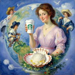 heavenly summer sharp land sphere scallop well dressed smiling lady holding a starbucks coffee cup, auslese, by peter paul rubens and eugene delacroix and karol bak, hyperrealism, digital illustration, fauvist, starbucks coffee cup green logo