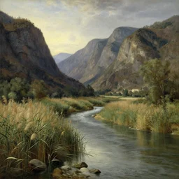 big river, stream, steep mountains, reed, rhine, classical painting, oil painting, naturalism, realistic lighting