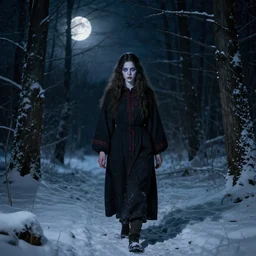 strange girl with blue eyes. pale face. walking in the forest at night. full moon. folk horror. hyper detailed. soviet propaganda. socialist realism. beautiful and eerie. snow winter