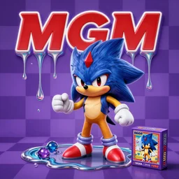 surreal, sharp, detailed professional, high quality airbrush art MGMT album cover of a liquid dissolving DMT sonic the hedgehog, purple checkerboard background, 1990s 1992 Sega Genesis video game box art