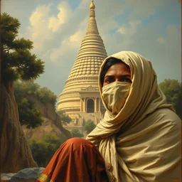 detailed potrait of eyes covered by cloth old srilankan woman sitting near giant buddhist stupa, girl graceful,, painting by james jean, craig mullins, j. c. leyendecker, lights, art by ernst haeckel, john william godward, hammershøi,,