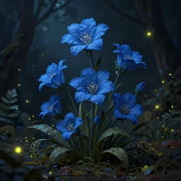 beautiful digital matte painting of whimsical botanical illustration blue flowers fireflies enchanted dark background clarity, by android jones