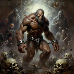 shackled in the void of heaven, frank frank frazetta and cgsociety, stunning god sasquatch, charlie bowater and tom bagshaw, insanely detailed, artstation, space art, atoms surrounded by skulls, death, and spirits deep under the haze smaoke, horror, sci - fi, surrealist painting, by peter mohrbacher