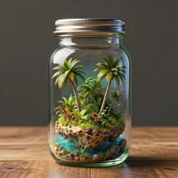 a tropical island inside a glass jar!! standing on a wooden table, metal lid, intricate, highly detailed, volumentric lighting, hyperrealistic, octane render 8 k, specular highlights, subsurface scattering, artstation, cgsociety, painting by greg rutkowski, artgerm, wlop