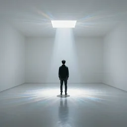 a man made of glass standing under a light in the middle of a big, white, empty room, refracting light everywhere, 8 k, high quality