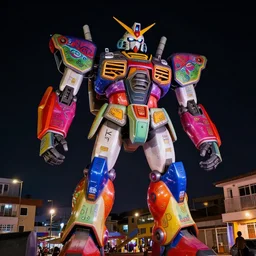 colourful giant mecha ROBOT in neon lit AJEGUNLE SLUMS of Lagos, markings on robot, Night,