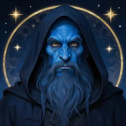 centralized head - on character portrait, blue - skin handsome troll sage, dark hood, stars and night background, alphonse mucha, rhads, ross tran, artstation, artgerm, octane render, 1 6 k