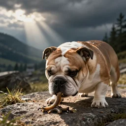 bulldog eats worms