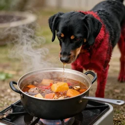 black and red dog cooking a stew