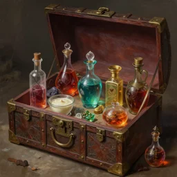 a chest full of potions, by justin gerard and greg rutkowski, digital art, realistic painting, fantasy, dnd, very detailed, high definition, trending on artstation