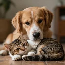 award winning photography of a dog and a cat cuddling, 50mm f1.4, trending on art station