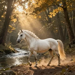 A matte painting of a unicorn walking along the river bank in a forest during the golden hour in autumn, surrounded by dust and volumetric light shining through the tree tops
