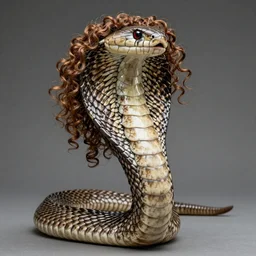 a studio portrait of a cobra with a thick coat of curly bronze hair