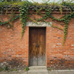 a beautiful painting of an ancient brick wall covered in vines with a single wooden door, closed door, landscape, 8 k, photorealism