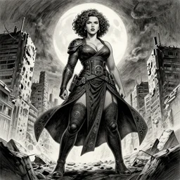 realistic, elegant, intricate detail, looking towards camera, stoic pose, plus size, thicc, scarlett johansson, afro samurai anime style, full body profile, dynamic wide angle lens, manga style, by rey bustos and greg rutkowski, pencil and ink, full moon lighting, fully clothed, in a post apocalyptic city, dramatic lighting,