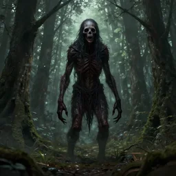 a creepy looking creature standing in the middle of a forest, concept art by senior character artist, featured on artstation, shock art, apocalypse art, concept art