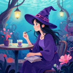 witch in an underwater cafe. complementary colors, copic markers, indie concept art, bloom, chiaroscuro, backlighting, intricate details.