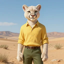 Character portrait of a albino furry anthro albino mountain lion with a happy face wearing a yellow button-down shirt and olive green slacks in the desert wilderness, intricate, elegant, highly detailed, digital painting, artstation, concept art, smooth, sharp focus, illustration, art by Krenz Cushart and Artem Demura and alphonse mucha