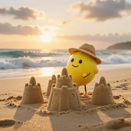 3 d render, of anthropomorphic lemon character, he is wearing a hat, building a sandcastle on the beach at sunset, beach, huge waves, sun, clouds, rim light, cinematic photography, professional, sand, sandcastle, volumetric lightening