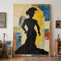 artistic silhouette in a room, collage acrylic, paper, wood, gouache on canvas, dadaism, high resolution, breathtaking detailed, by tim eitel