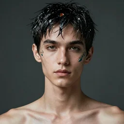 androgynous transmasc model with short black hair covered with oil and paint 🎨