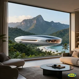 big window, mountains in background, cloud forest in background, tropical beach in background, late afternoon, clear sky, living room, furniture, IKEA catalogue, futuristic, ultra realistic, ultra detailed, cinematic light, anamorphic, by Paul Lehr