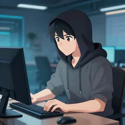 friendly anime hacker working at computer