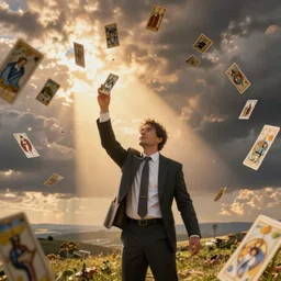 accountant in suit casting spells with tarot cards, throwing cards in the air, landscape, cinematic view, epic sky, detailed, concept art, low angle, high detail, warm lighting, volumetric, godrays, vivid, beautiful, trending on artstation, jordan grimmer, huge scene, greg rutkowski