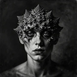 black dramatic portrait painting of human with black mandelbrot fractal instead of face, in style of zdzisław beksinski, darkness, horror, body horror, scary,